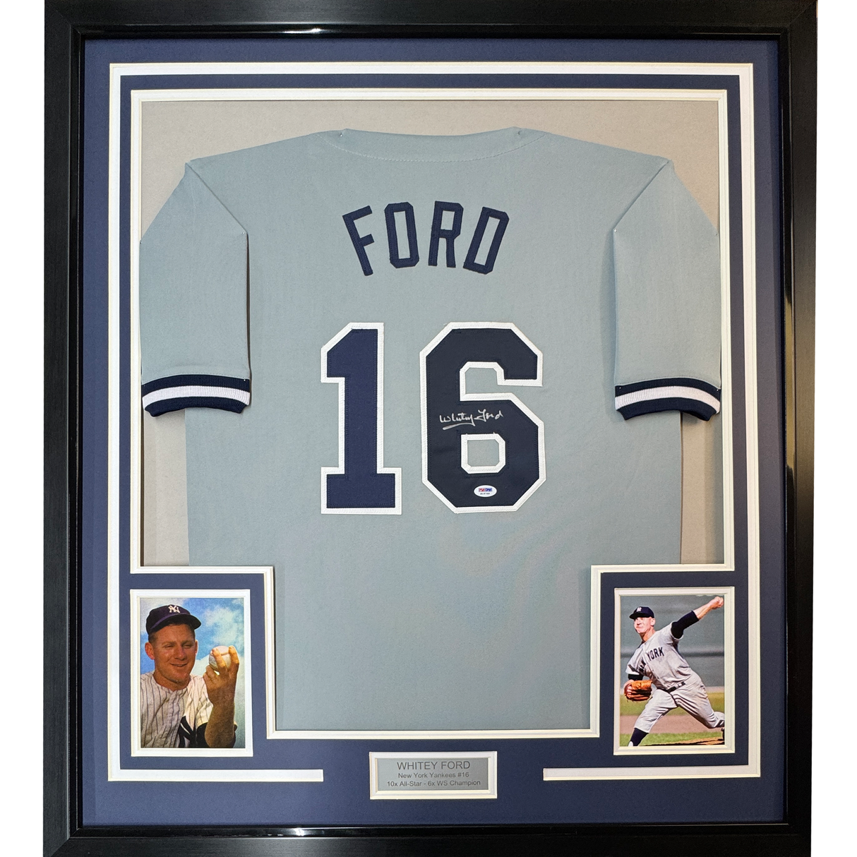 Camiseta de béisbol enmarcada, autografiada y firmada por Whitey Ford, 35 x 39, gris Nueva York, certificado de autenticidad (PSA/DNA)