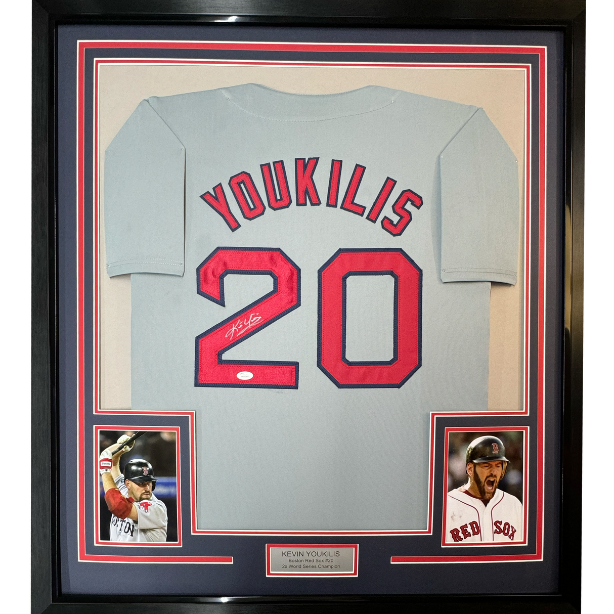 Camiseta de béisbol enmarcada, autografiada y firmada por Kevin Youkilis, 35 x 39, color gris Boston, JSA COA