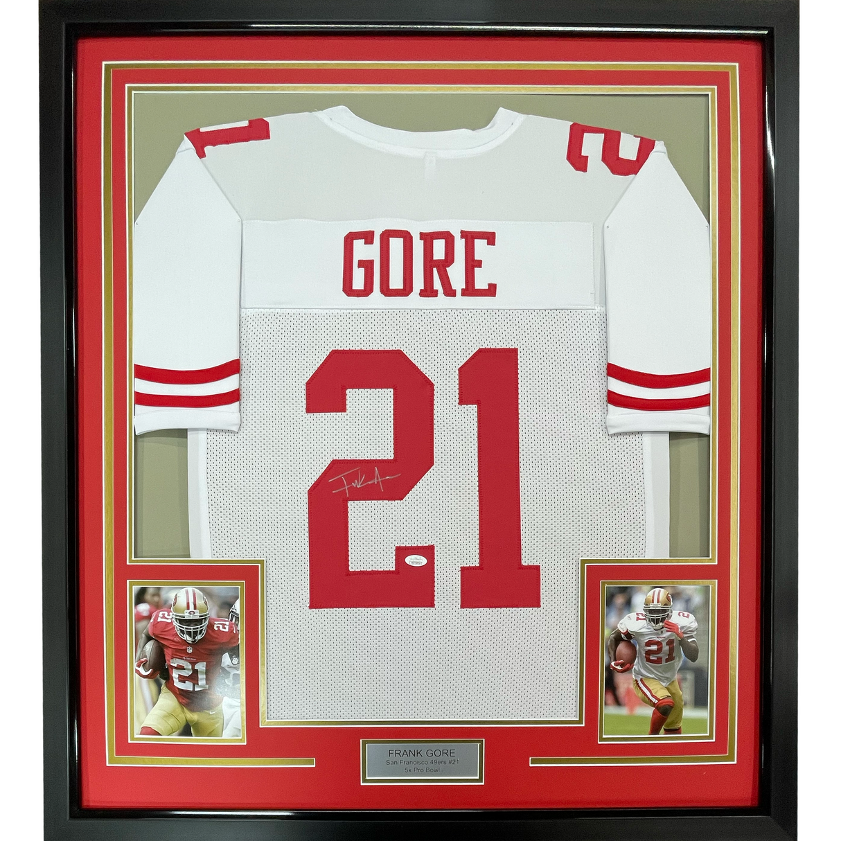Camiseta de fútbol blanca de San Francisco Beckett BAS COA, enmarcada, autografiada y firmada por Frank Gore, 35 x 39