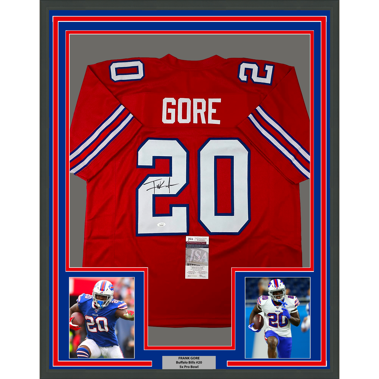 Camiseta de fútbol americano enmarcada, autografiada y firmada por Frank Gore, 35 x 39, color rojo búfalo, JSA COA