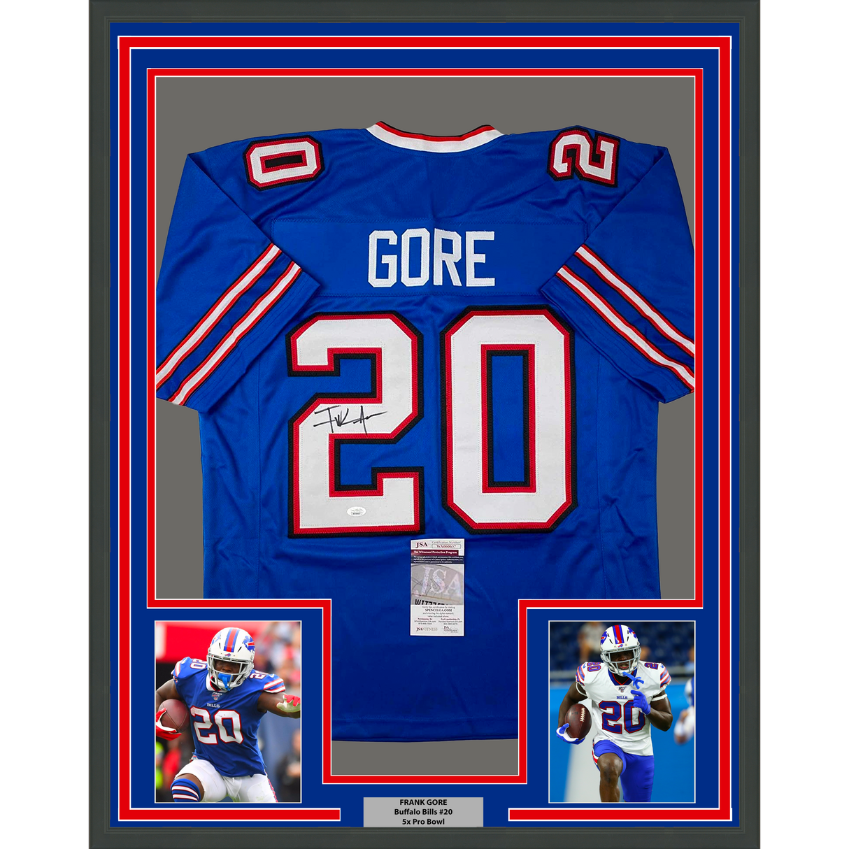Camiseta de fútbol azul búfalo de Frank Gore, enmarcada, autografiada y firmada, 35 x 39, JSA COA
