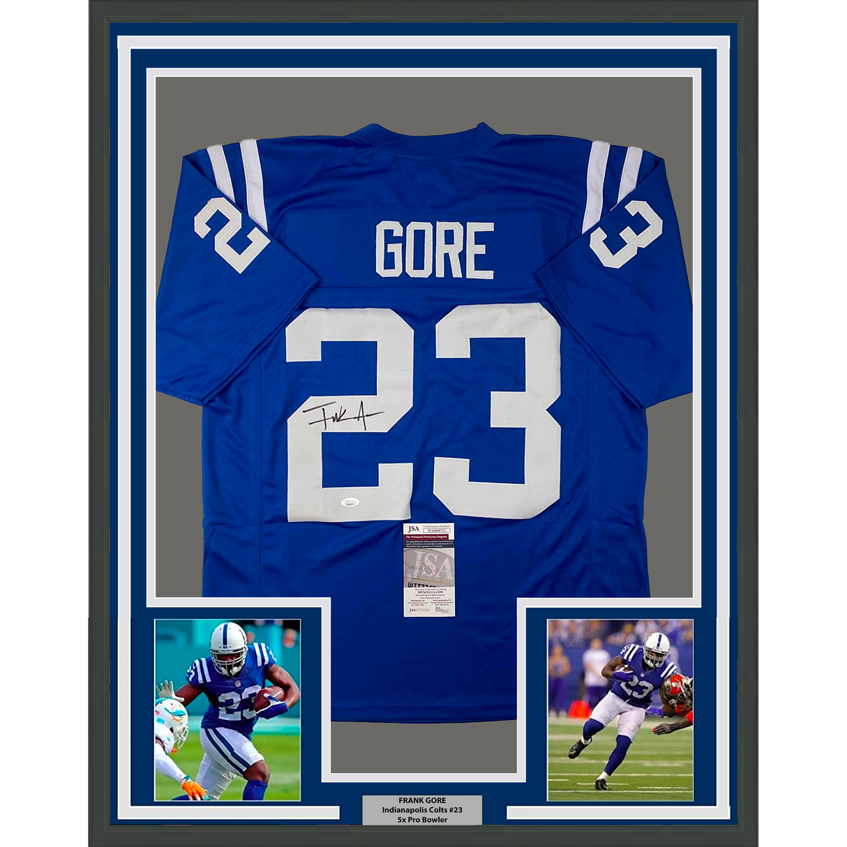 Camiseta de fútbol americano azul de Indianápolis, enmarcada, autografiada y firmada por Frank Gore, 35 x 39, JSA COA