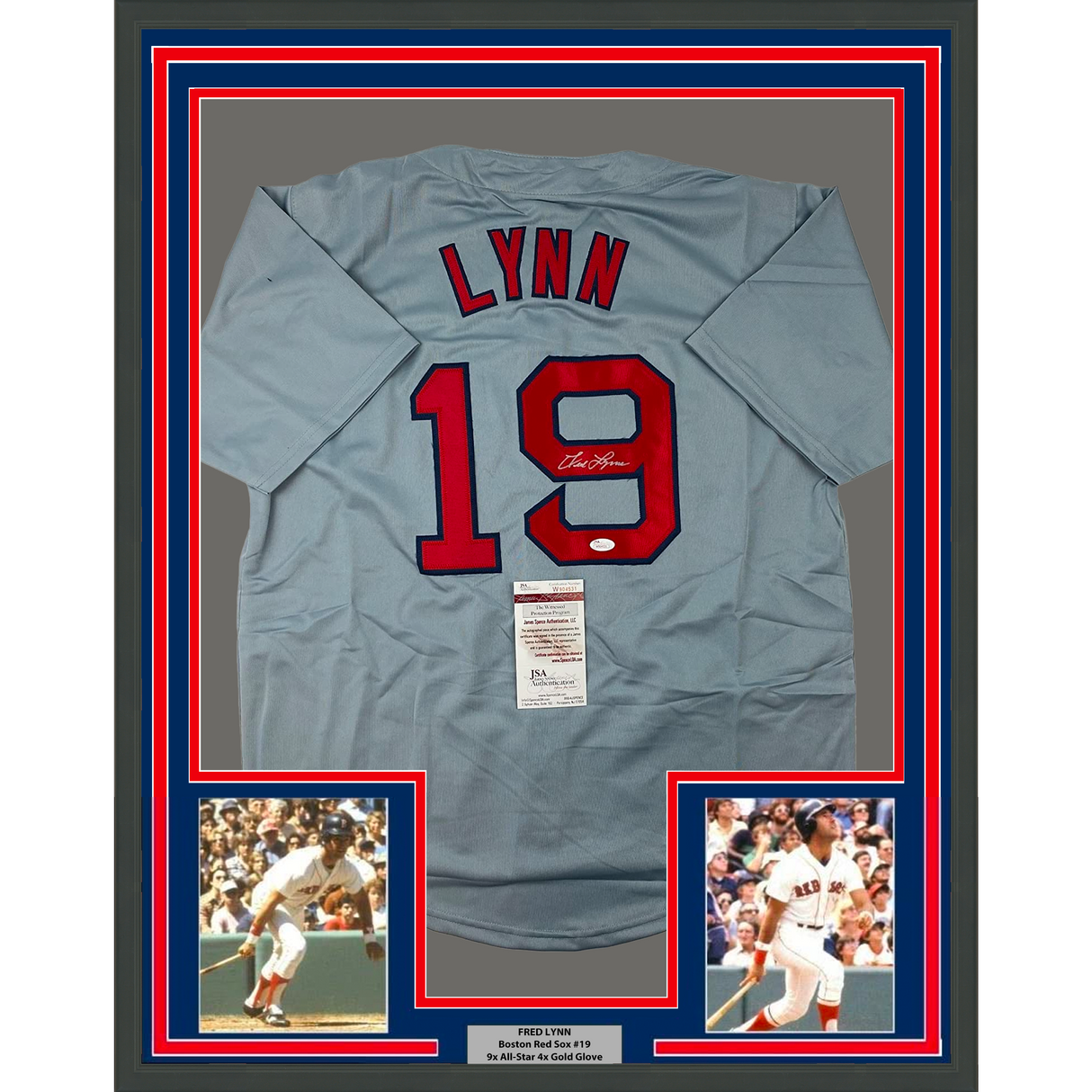 Framed Autographed/Signed Fred Lynn 35x39 Boston Grey Baseball Jersey JSA COA