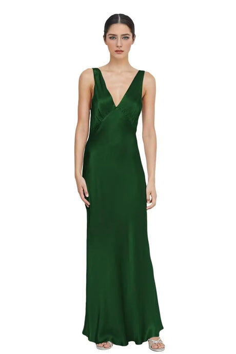 Long Silk Prom Dresses V Neck Aline Bridesmaid Dresses Emerald for Wedding Elegant Vacation Dresses Size 18W - Lootquake