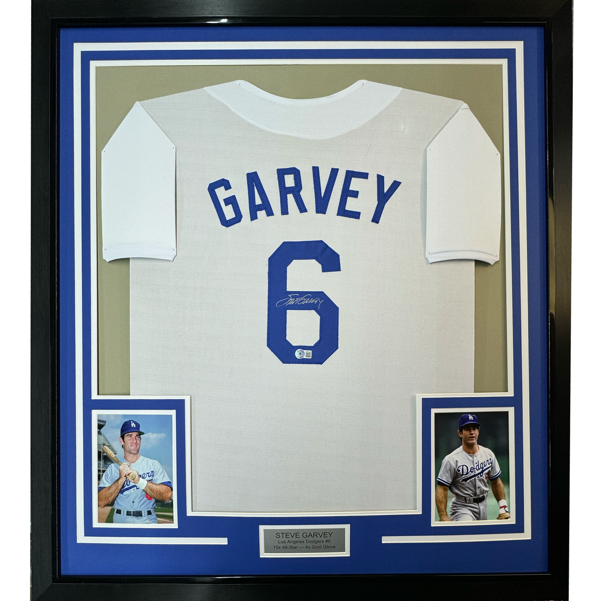 Camiseta de béisbol blanca enmarcada y autografiada de Steve Garvey, 35 x 39, de Los Ángeles, LA, Beckett BAS COA