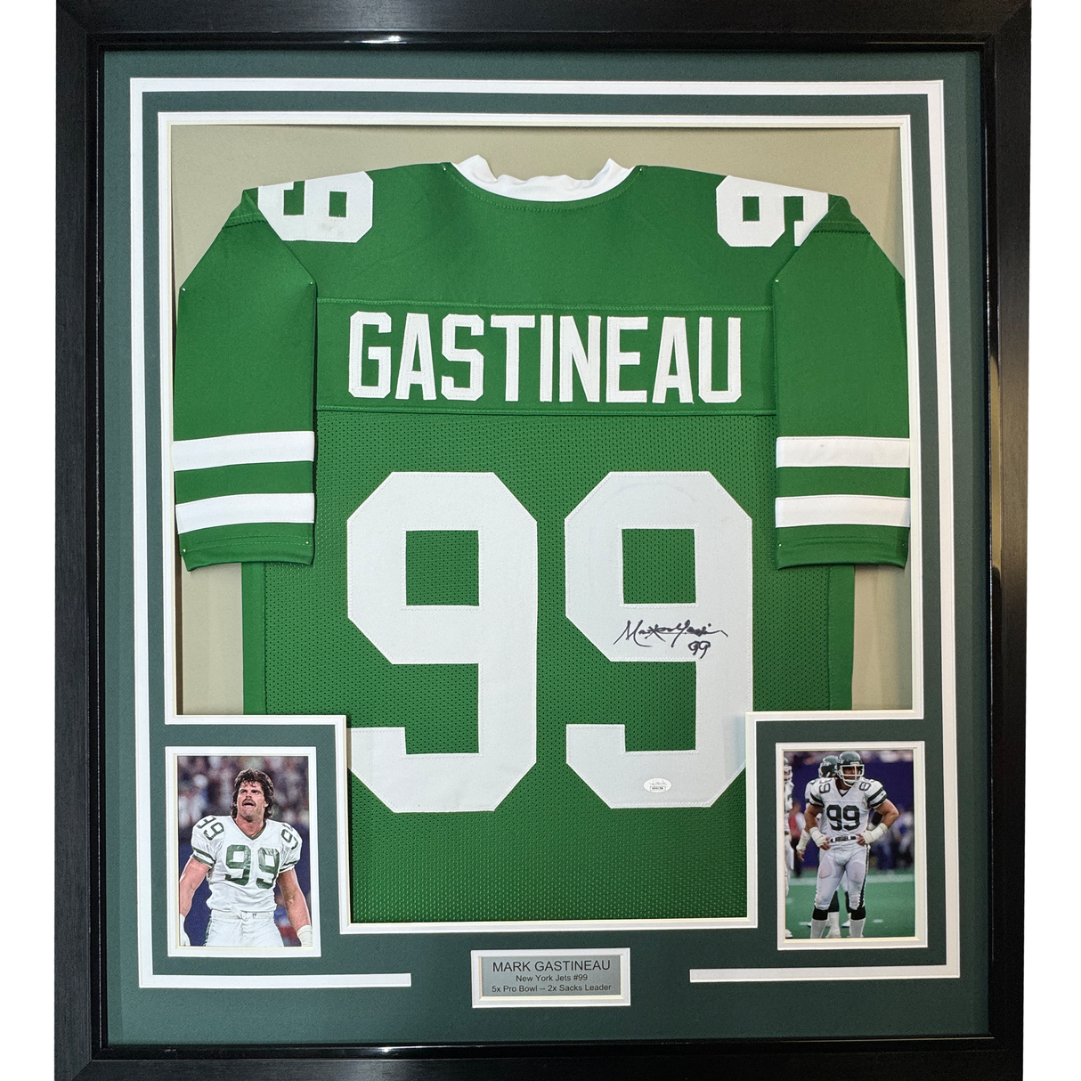 Camiseta de fútbol verde de Nueva York, enmarcada, autografiada y firmada por Mark Gastineau, 35 x 39, JSA COA