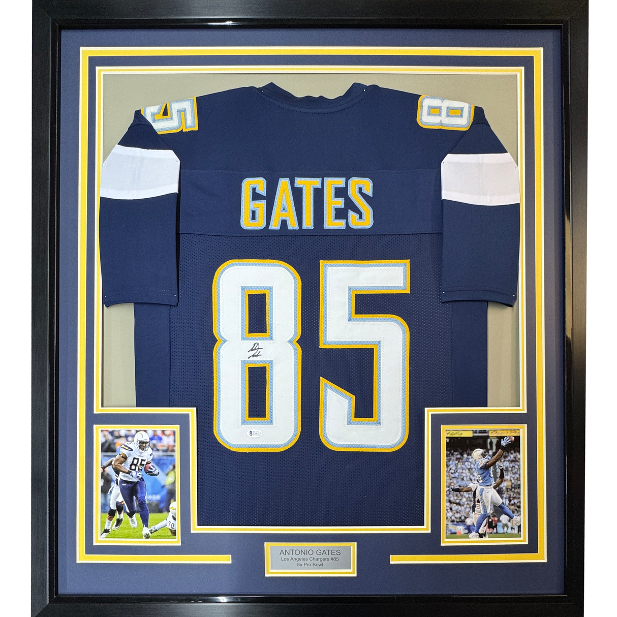 Camiseta de fútbol azul oscuro de Los Ángeles LA Beckett BAS COA, enmarcada, autografiada y firmada por Antonio Gates, 35 x 39
