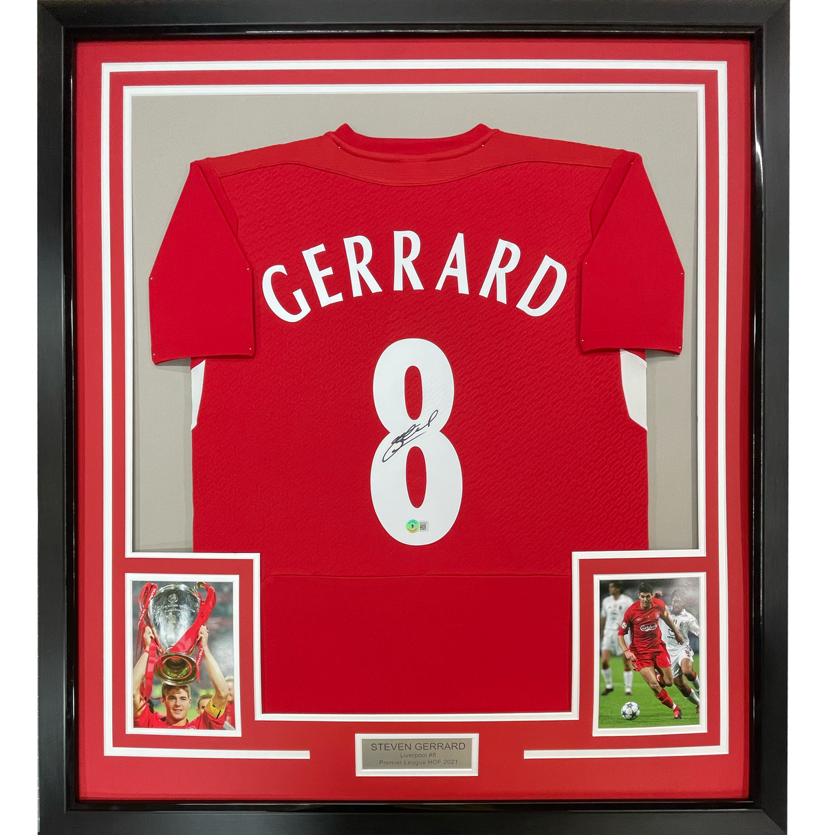 Camiseta de fútbol roja del Liverpool Beckett BAS COA enmarcada y autografiada de Steven Gerrard (35 x 39)