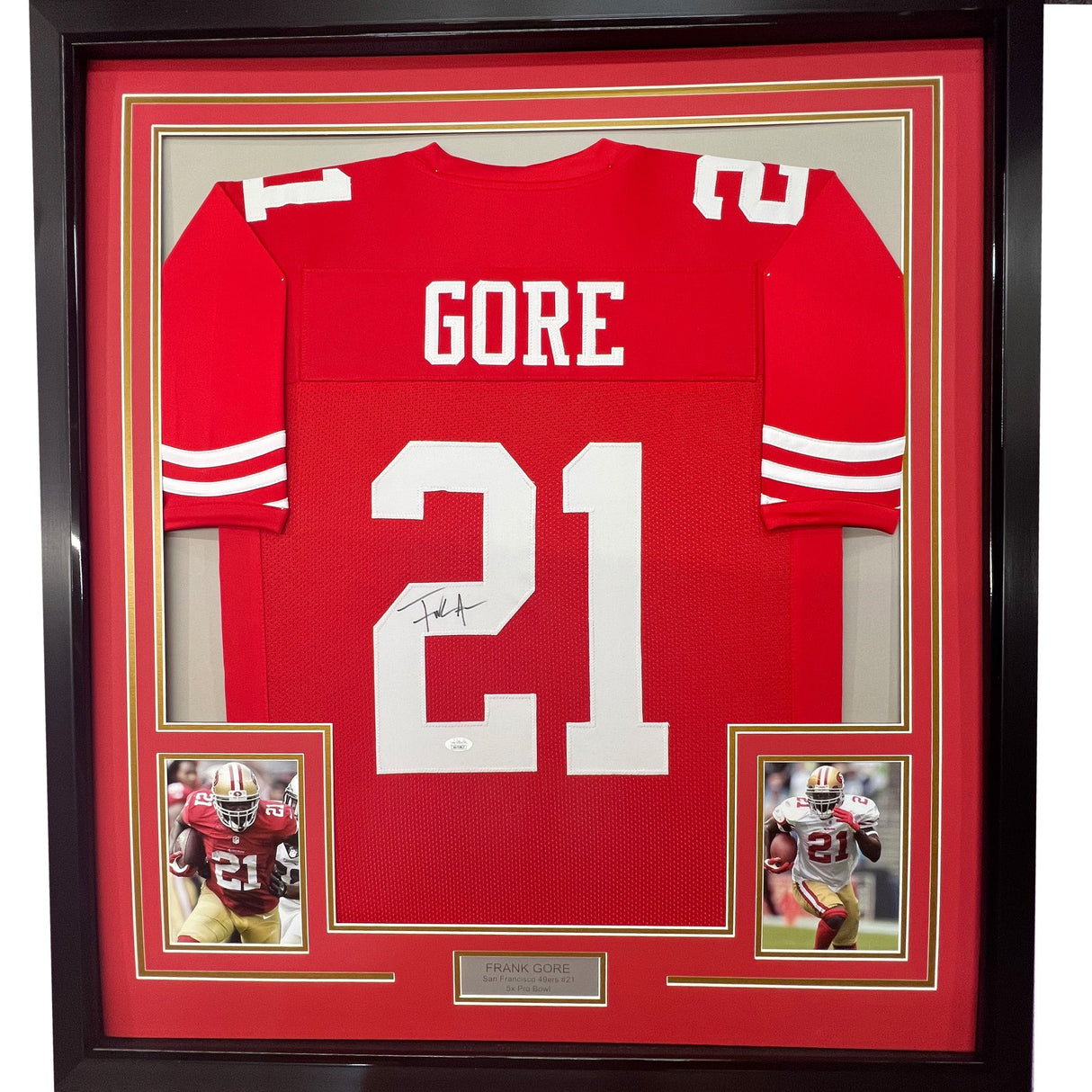 Camiseta de fútbol americano enmarcada, autografiada y firmada por Frank Gore, 35 x 39, color rojo de San Francisco, JSA COA