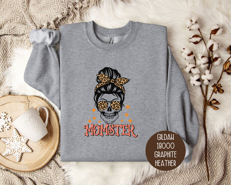 Momster Skeleton Leopard Messy Bun Halloween Sweatshirt-2
