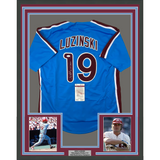 Camiseta de béisbol retro azul de Filadelfia, enmarcada, autografiada y firmada por Greg Luzinski, 35 x 39, 80 WS Champs, JSA COA