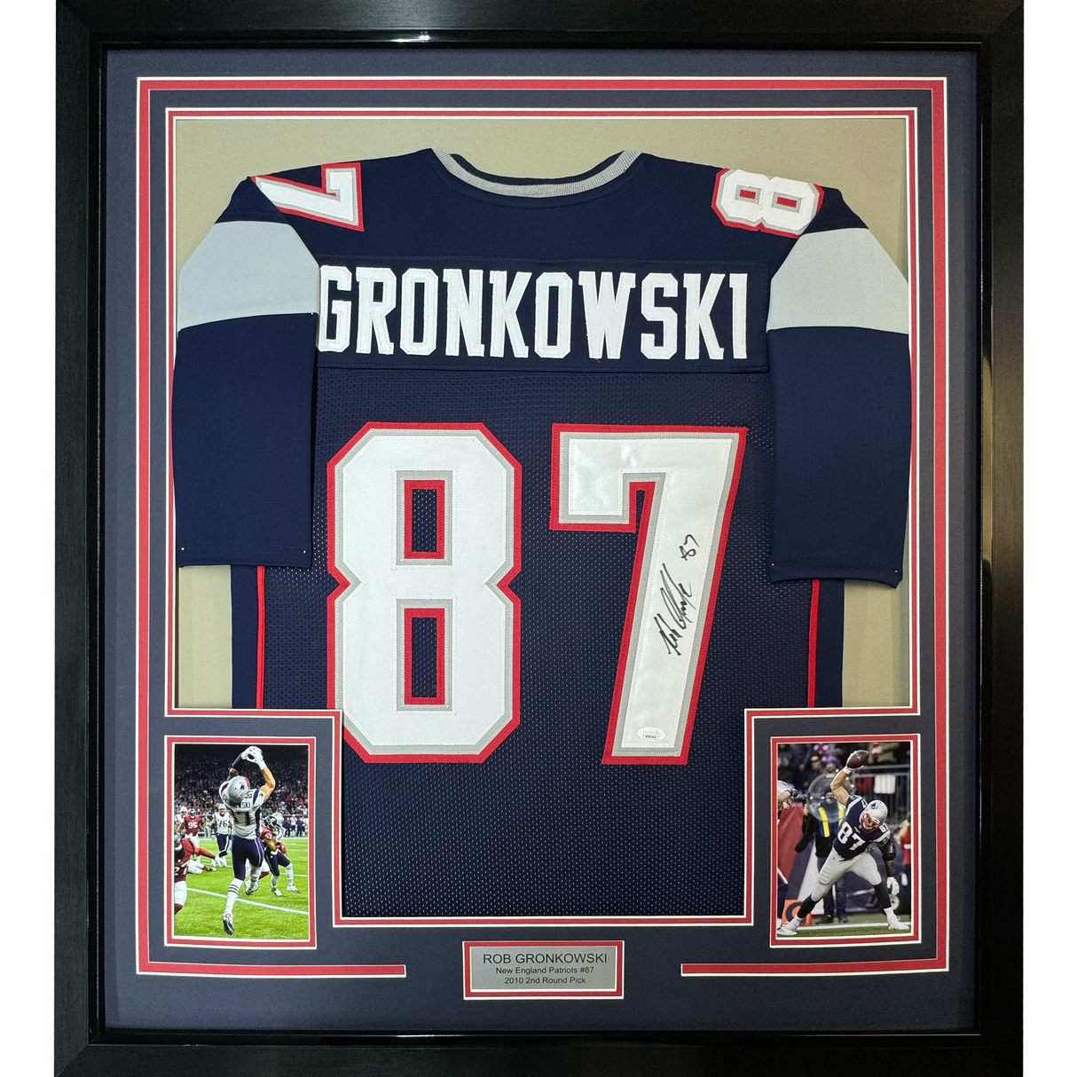 Camiseta de fútbol azul de Nueva Inglaterra Beckett BAS COA enmarcada, autografiada y firmada por Rob Gronkowski, 35 x 39