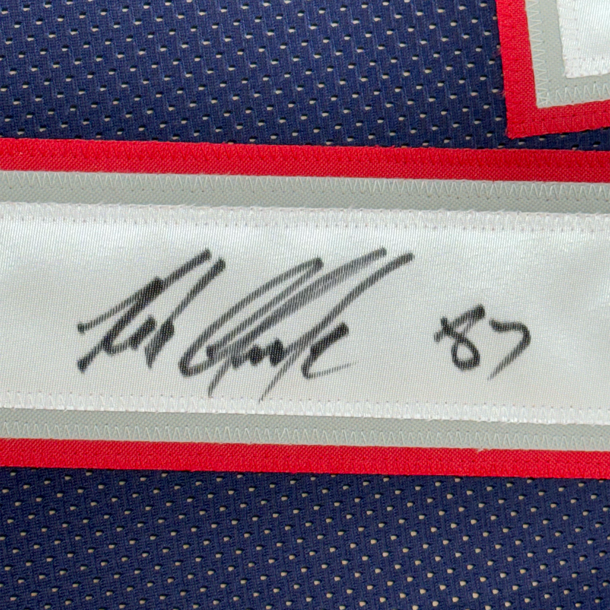 Camiseta de fútbol azul de Nueva Inglaterra Beckett BAS COA enmarcada, autografiada y firmada por Rob Gronkowski, 35 x 39