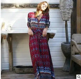 1pcs/lot Women Bohemia V-neck Three Quarter Sleeve Floral Print Ethnic Autumn Beach Boho Long Dress - Lootquake