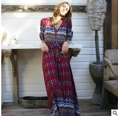 1pcs/lot Women Bohemia V-neck Three Quarter Sleeve Floral Print Ethnic Autumn Beach Boho Long Dress - Lootquake