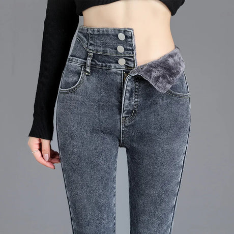 Thermal Winter Thick Fleece High-waist Warm Skinny Jeans Thick Women Stretch Button Pencil Pants Mom Casual Velvet Jeans - Lootquake