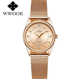 WWOOR 2023 Casual Women Dress Rose Gold Mesh Belt  Fashion Diamonds Wristwatch Waterproof Simple Female Quartz Watch Reloj Mujer - Lootquake