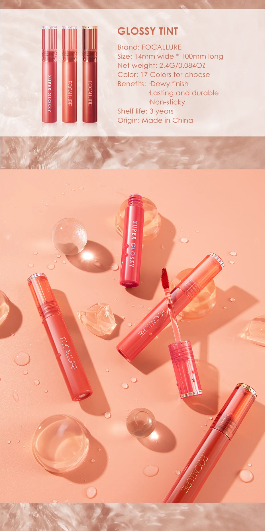Focallure Shiny Nourish Lipgloss 17 Colors Long-Lasting Glossy Lipstick Waterproof Non-Stick Cup Cosmetic Moisturizing Lip Gloss