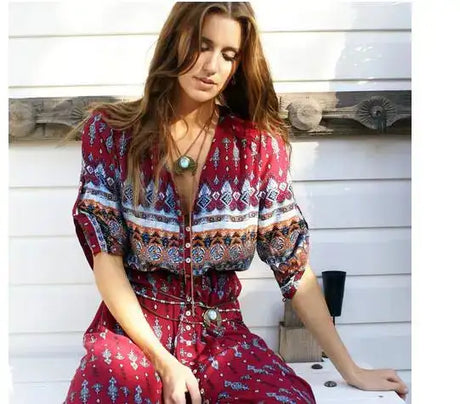 1pcs/lot Women Bohemia V-neck Three Quarter Sleeve Floral Print Ethnic Autumn Beach Boho Long Dress - Lootquake