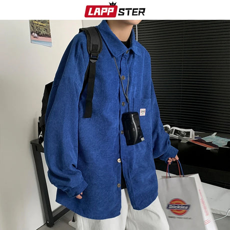 LAPPSTER Men Corduroy Vintage Autumn Shirts 2023 Mens Korean Fashion Harajuku Shirts Male Oversized Streetwear Colorful Shirts - Lootquake