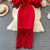 Sexy Hollow Out Lace Bodycon Long Dress Women Elegant Red/Pink/White Off Shoulder Patchwork Maxi Party Vestidos 2021 Autumn New - Lootquake