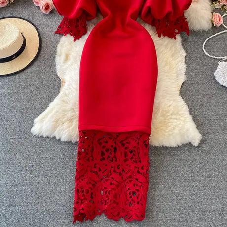 Sexy Hollow Out Lace Bodycon Long Dress Women Elegant Red/Pink/White Off Shoulder Patchwork Maxi Party Vestidos 2021 Autumn New - Lootquake