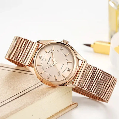 WWOOR 2023 Casual Women Dress Rose Gold Mesh Belt  Fashion Diamonds Wristwatch Waterproof Simple Female Quartz Watch Reloj Mujer - Lootquake