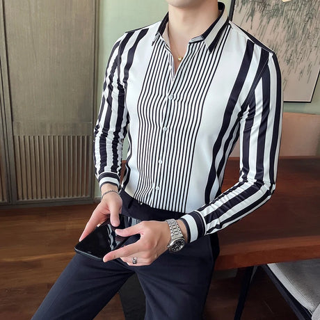 British Style Striped Shirts Mens Long Sleeve Business Formal Dress Shirt Casual Slim Fit Dress Streetwear Social Party Clothing - Lootquake