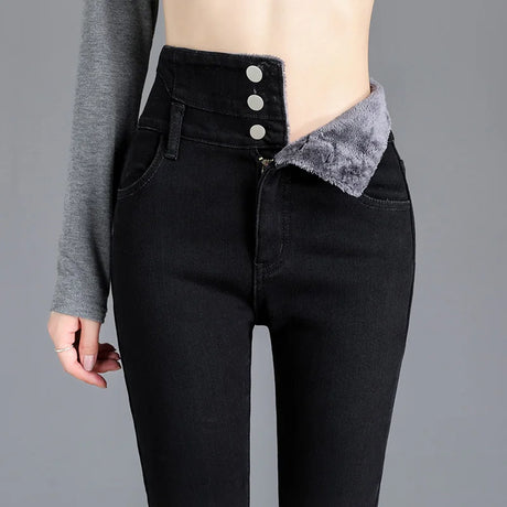 Thermal Winter Thick Fleece High-waist Warm Skinny Jeans Thick Women Stretch Button Pencil Pants Mom Casual Velvet Jeans - Lootquake