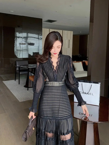 JSXDHK Fashion Runway Women Pleated Party Dress Spring Sexy V Neck Lantern Sleeve Chiffon Patchwork Lace Bodycon Slim Long Dress - Lootquake