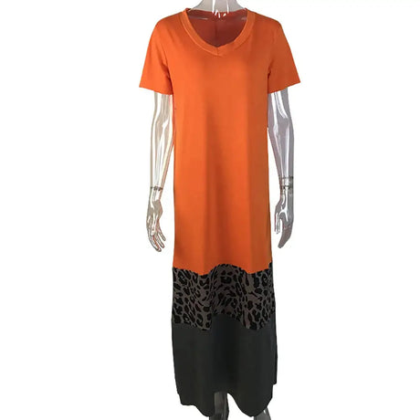 Casual Women summer dress  V Neck Short Sleeve woman dress Leopard Print Color Block Loose Long Dress dresses for women платье - Lootquake