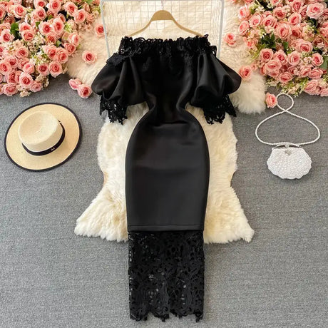 Sexy Hollow Out Lace Bodycon Long Dress Women Elegant Red/Pink/White Off Shoulder Patchwork Maxi Party Vestidos 2021 Autumn New - Lootquake