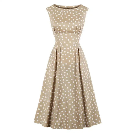 Tonval Khaki Color High Waist Elegant Polka Dot Women Vintage Long Dress Sleeveless Pocket Side Ladies Midi Dresses Retro - Lootquake