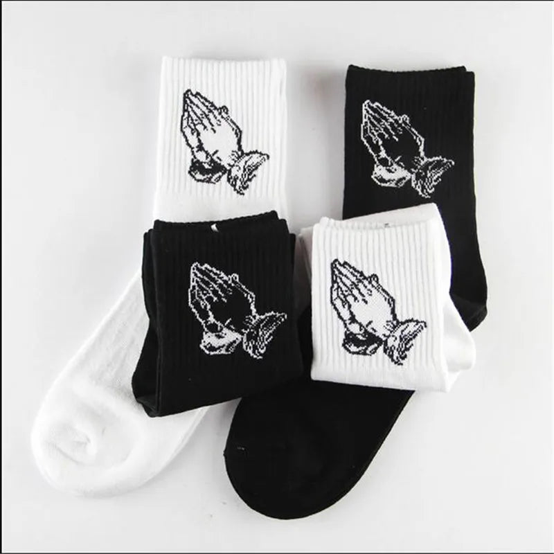 Fashion Skate Cotton Crew Socks of Virgin Mary Gesture Pattern for Men Women Hip Hop Funny Novelty  White Black Funky - Lootquake