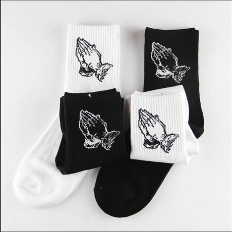 Fashion Skate Cotton Crew Socks of Virgin Mary Gesture Pattern for Men Women Hip Hop Funny Novelty  White Black Funky - Lootquake