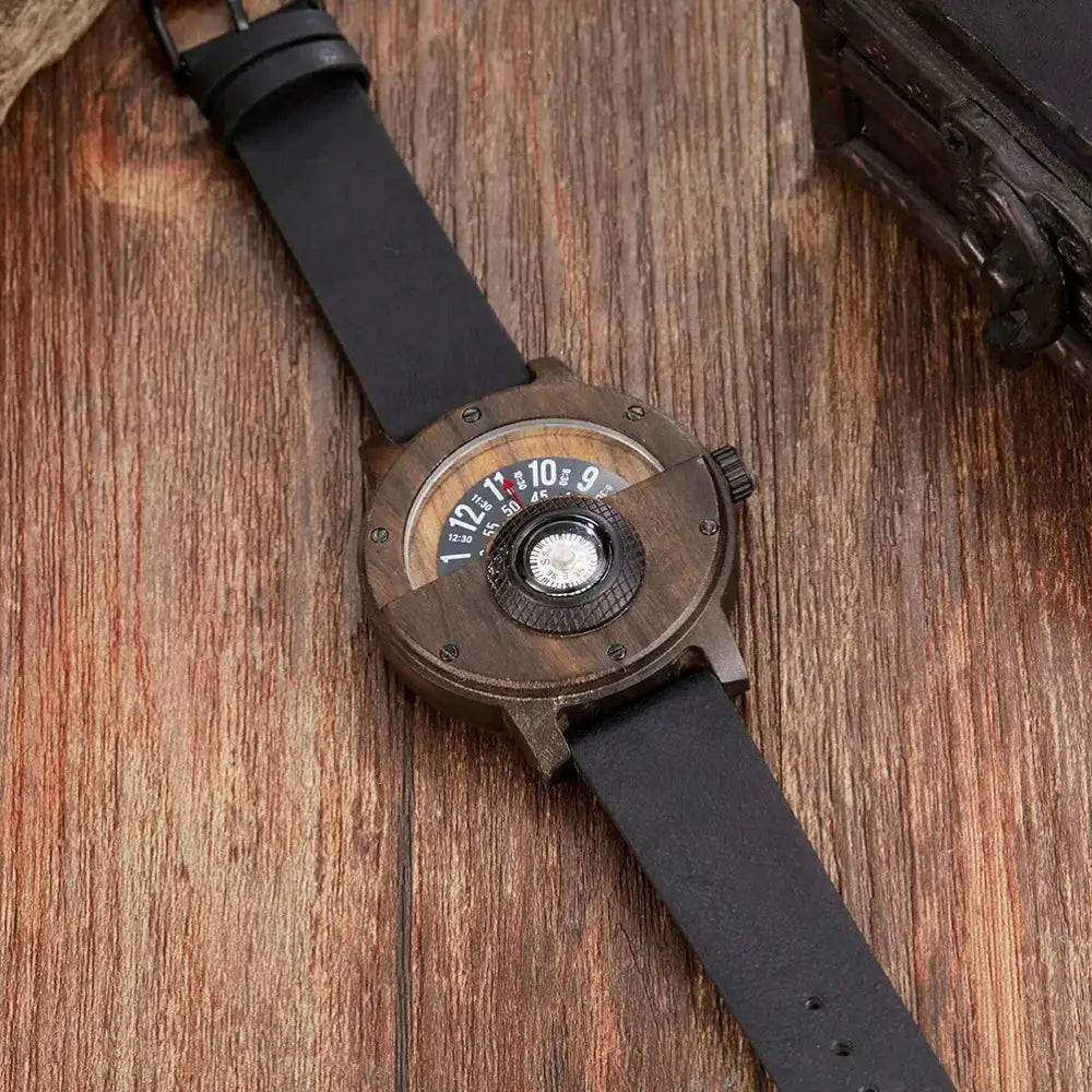 Natural Wood Watch Men Turntable Compass Dial Real Walnut Ebony Bamboo Wooden Watches Male Brown Concept Clock Quartz Wristwatch - Lootquake