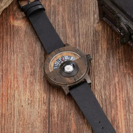 Natural Wood Watch Men Turntable Compass Dial Real Walnut Ebony Bamboo Wooden Watches Male Brown Concept Clock Quartz Wristwatch - Lootquake