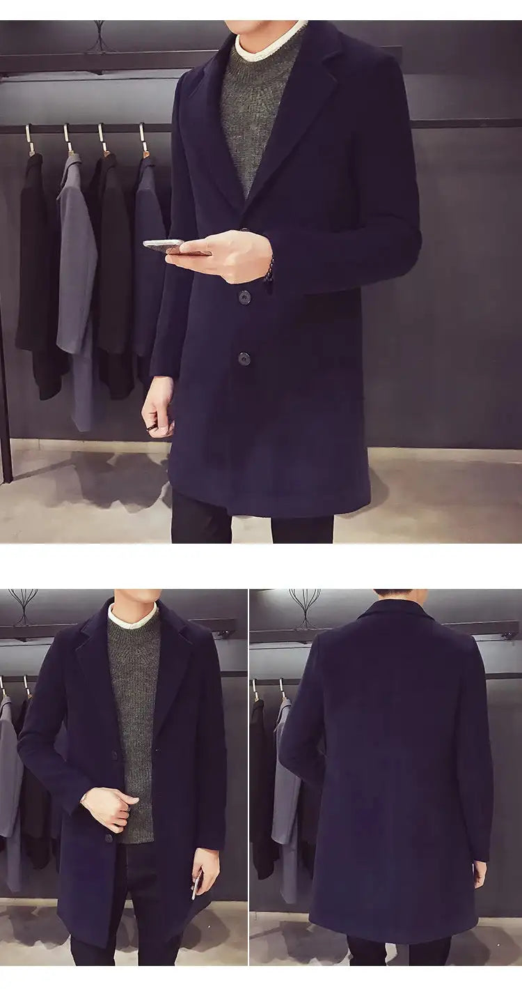 2024 Spring Autumn New Long Cotton Coat New Wool Blend Pure Color Casual Business Fashion Men's Clothing Slim Windbreaker Jacket - Lootquake