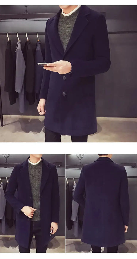 2024 Spring Autumn New Long Cotton Coat New Wool Blend Pure Color Casual Business Fashion Men's Clothing Slim Windbreaker Jacket - Lootquake