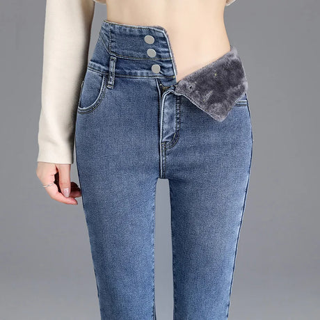 Thermal Winter Thick Fleece High-waist Warm Skinny Jeans Thick Women Stretch Button Pencil Pants Mom Casual Velvet Jeans - Lootquake