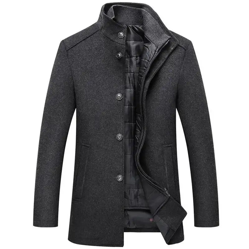 Woolen Coat Men Winter Windbreaker Long Thick Wool Jackets abrigo hombre Man Stand Collar Single Breasted With Vest Woolen Coats - Lootquake