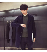 2024 Spring Autumn New Long Cotton Coat New Wool Blend Pure Color Casual Business Fashion Men's Clothing Slim Windbreaker Jacket - Lootquake
