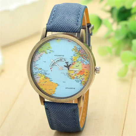 Cool Mini World Fashion Quartz Watch Men Unisex Map Airplane Travel Around The World Women Leather Dress Wrist Watches - Lootquake