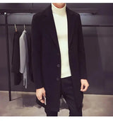 2024 Spring Autumn New Long Cotton Coat New Wool Blend Pure Color Casual Business Fashion Men's Clothing Slim Windbreaker Jacket - Lootquake