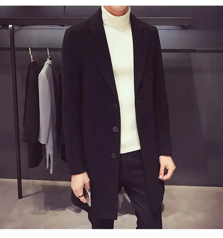 2024 Spring Autumn New Long Cotton Coat New Wool Blend Pure Color Casual Business Fashion Men's Clothing Slim Windbreaker Jacket - Lootquake