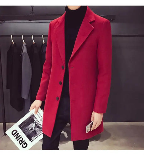 2024 Spring Autumn New Long Cotton Coat New Wool Blend Pure Color Casual Business Fashion Men's Clothing Slim Windbreaker Jacket - Lootquake