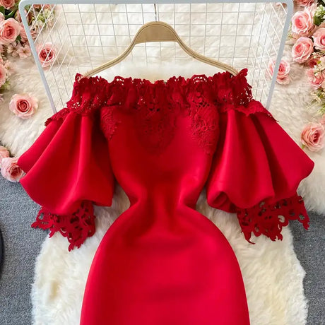 Sexy Hollow Out Lace Bodycon Long Dress Women Elegant Red/Pink/White Off Shoulder Patchwork Maxi Party Vestidos 2021 Autumn New - Lootquake