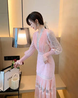 JSXDHK 2024 New Runway Designer Women Black Long Dress Elegant Spring Chiffon Patchwork Lace V Neck Lantern Sleeve Pleated Dress - Lootquake