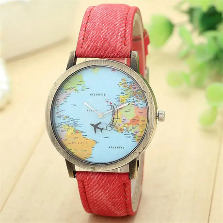 Cool Mini World Fashion Quartz Watch Men Unisex Map Airplane Travel Around The World Women Leather Dress Wrist Watches - Lootquake