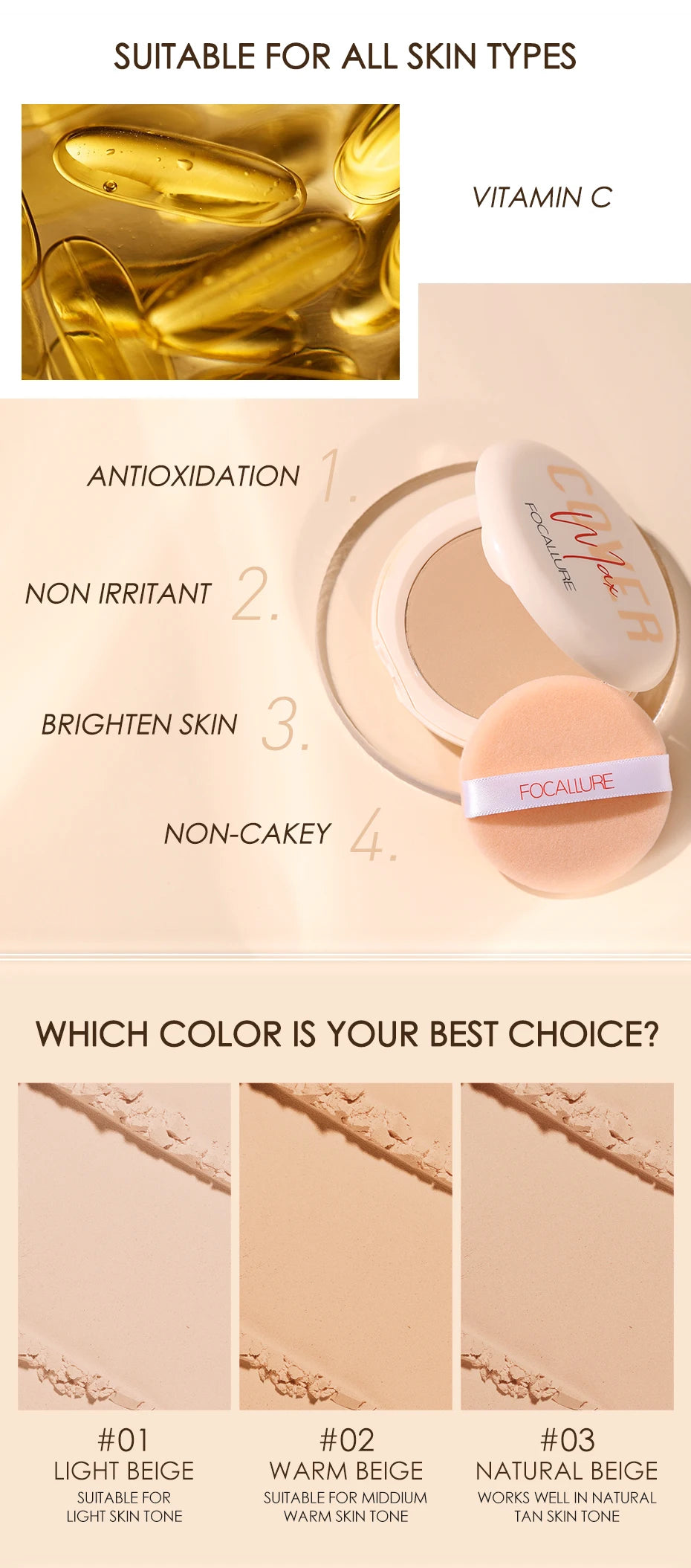 FOCALLURE Wholesale Full Coverage Face Powder Long Lasting Oil control Concealer Foundation For Face Make up Natural Cosmetic